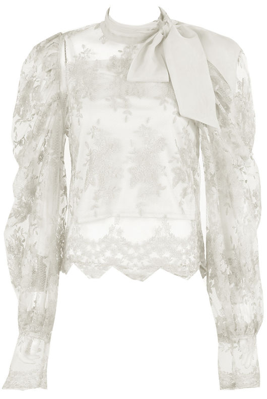 White Lace Mesh Knot Collar Blouse