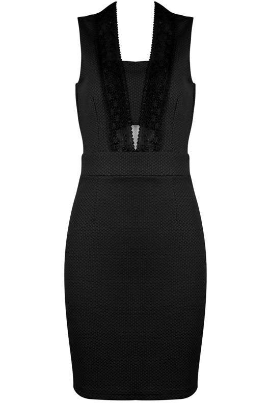  Crochet Lace Front Trim Bodycon Dress in Black