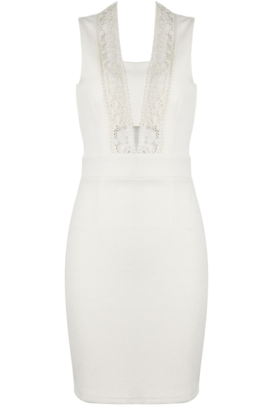  Crochet Lace Front Trim Bodycon Dress in Cream