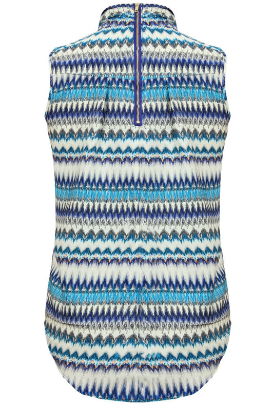 Blue Wavy Print Back Zip Detail Pleated Top