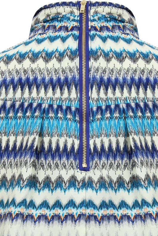 Blue Wavy Print Back Zip Detail Pleated Top