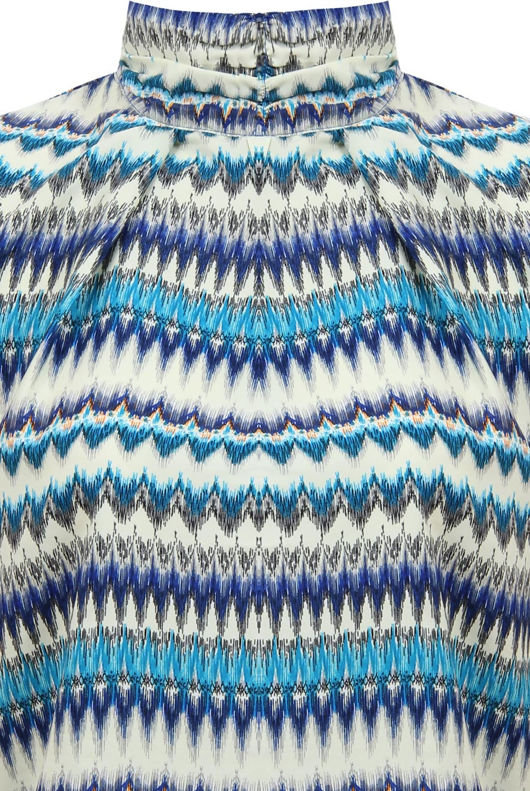 Blue Wavy Print Back Zip Detail Pleated Top