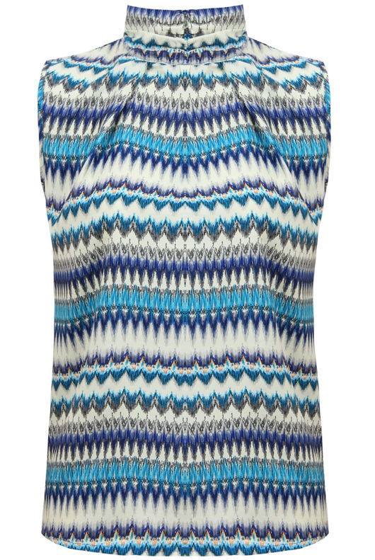 Blue Wavy Print Back Zip Detail Pleated Top