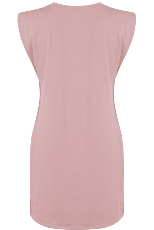 Pink Round Neck Shift Dress With Shoulder Pads