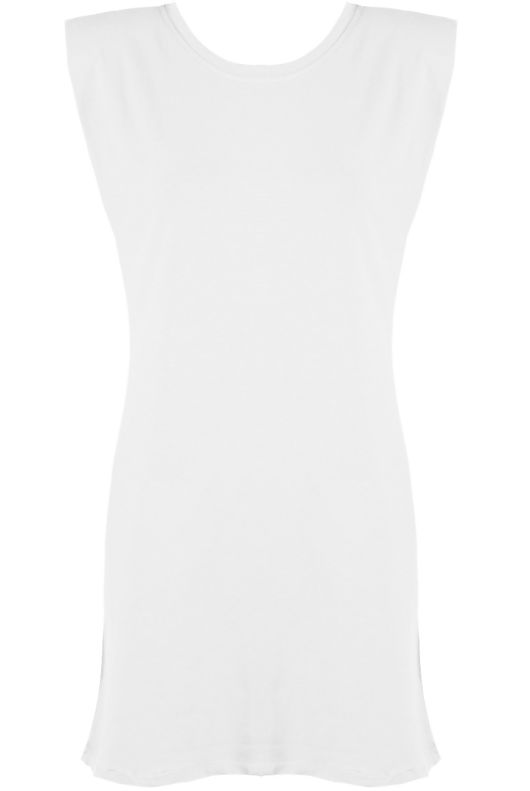 White Round Neck Shift Dress With Shoulder Pads