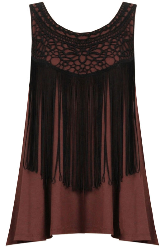 Brown Embroidered Fringe Detail top 