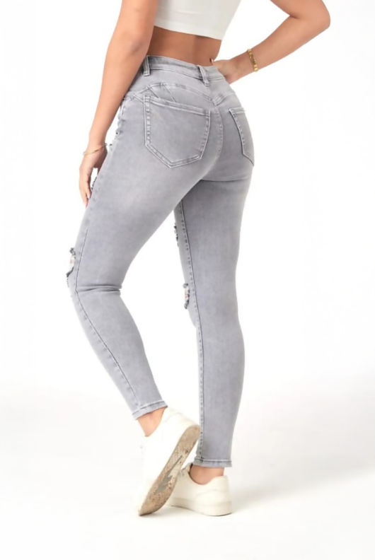 Grey Ripped Skinny Push Up Jeans