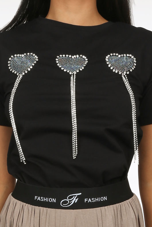 Black Diamante Heart Trim Tees