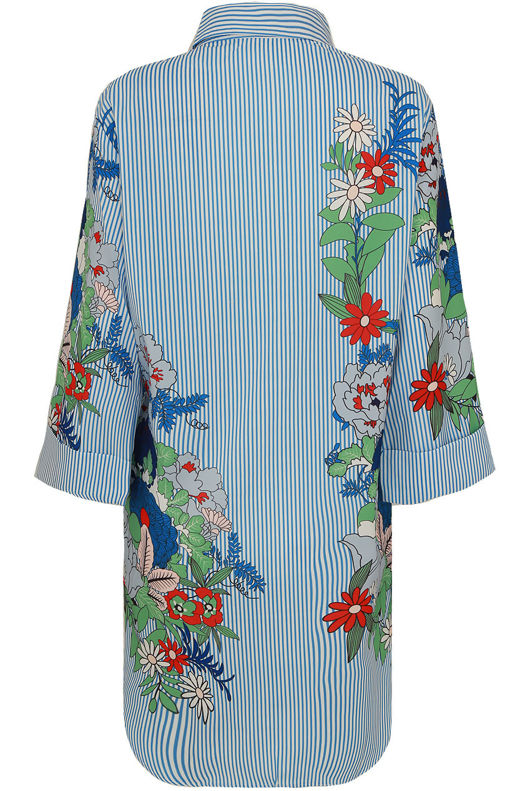 Blue Floral Striped Front Button Up Long Shirt