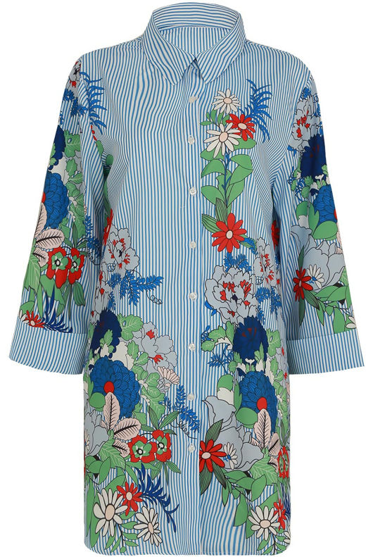 Blue Floral Striped Front Button Up Long Shirt