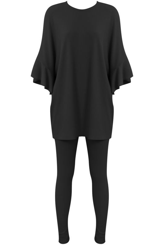 Black Ribbed Frill Sleeved Top & Trouser Set