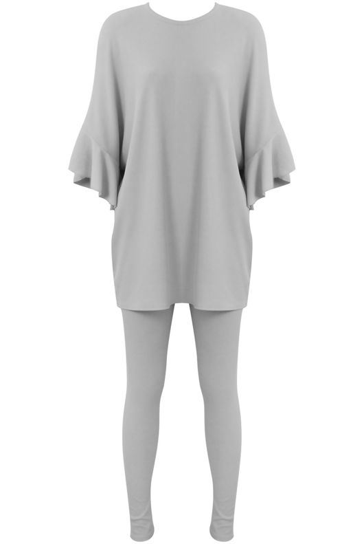 Grey Ribbed Frill Sleeved Top & Trouser Set