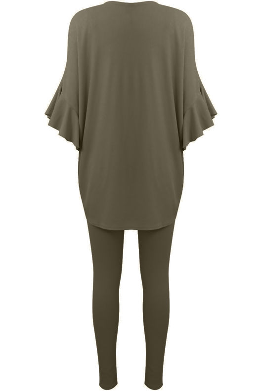 Khaki Ribbed Frill Sleeved Top & Trouser Set