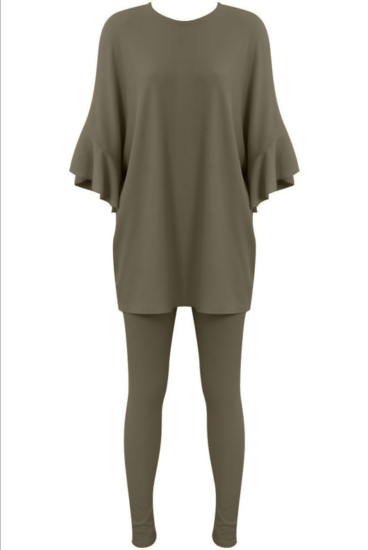 Khaki Ribbed Frill Sleeved Top & Trouser Set