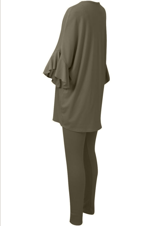 Khaki Ribbed Frill Sleeved Top & Trouser Set