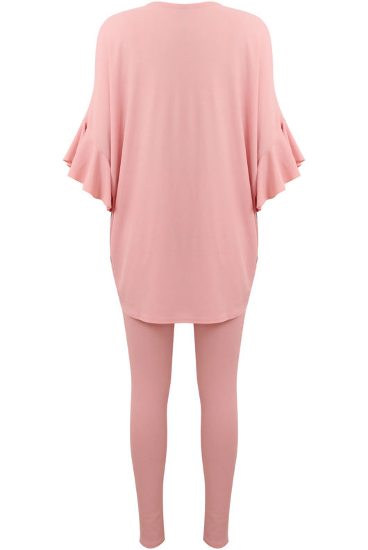 Pink Ribbed Frill Sleeved Top & Trouser Set