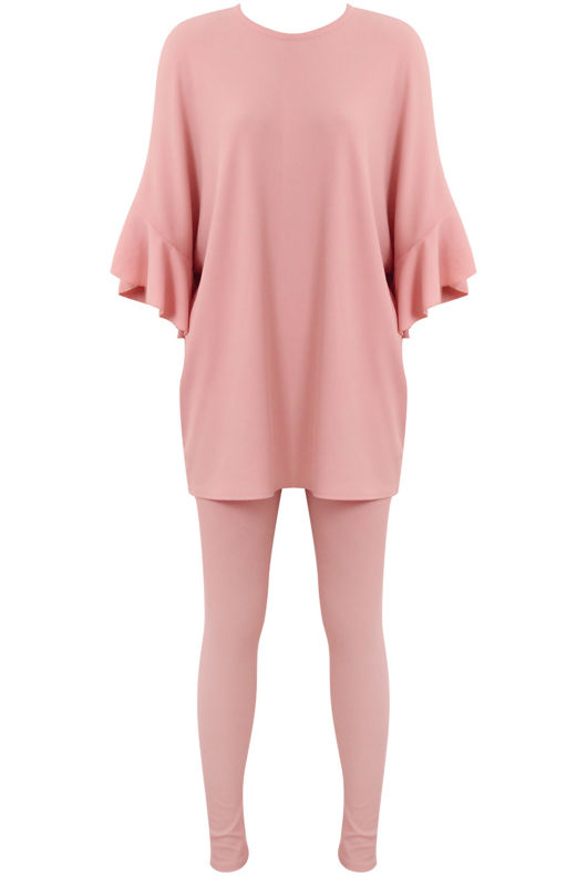 Pink Ribbed Frill Sleeved Top & Trouser Set
