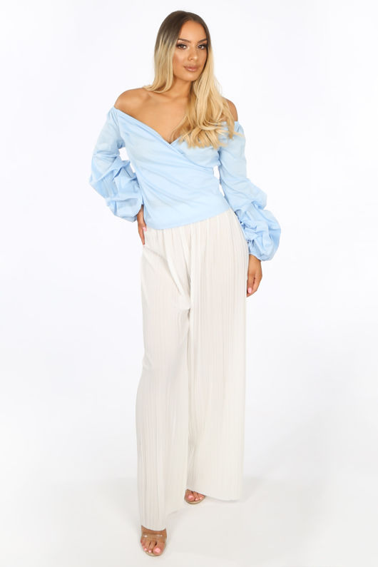 Bardot Puff Sleeve Blouse In Light Blue