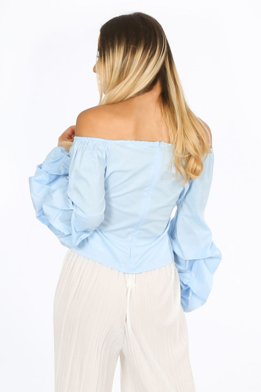 Bardot Puff Sleeve Blouse In Light Blue