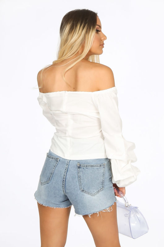 Bardot Puff Sleeve Blouse In White
