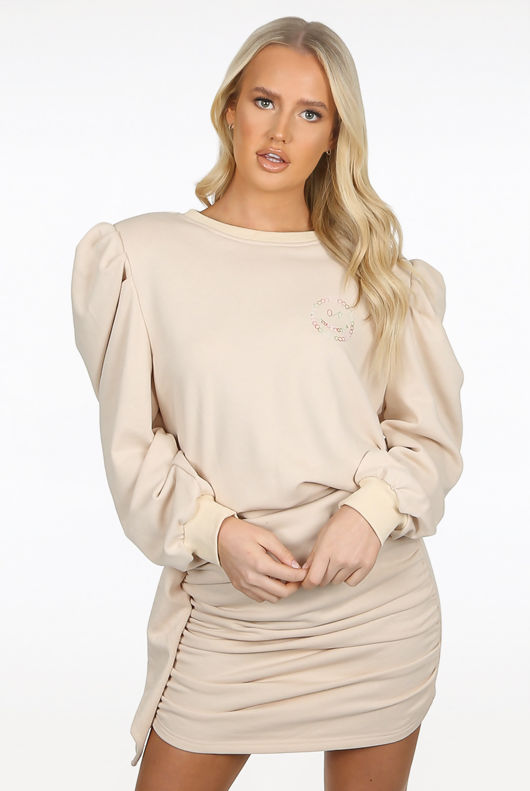 Nude Sweatshirt And Ruched Mini Skirt Set-