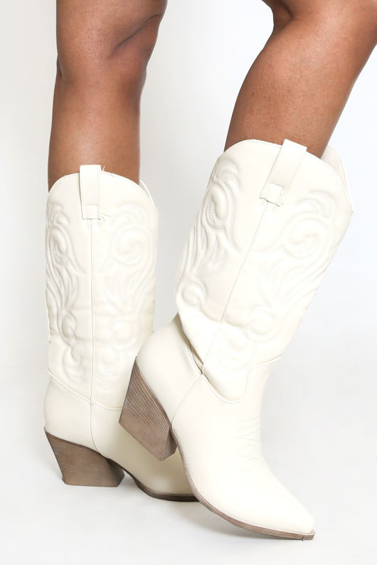 Beige Pu Stitch Detail Western Cowboy Boots