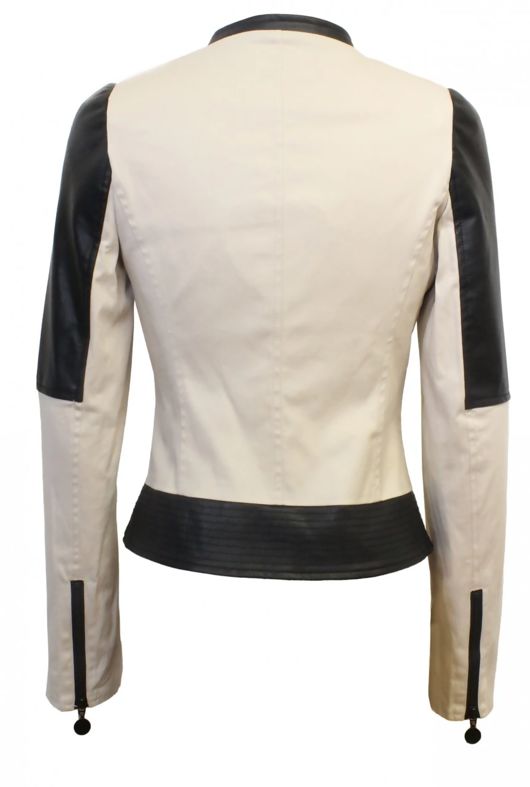Beige Canvas with PVC Arms Biker Jacket