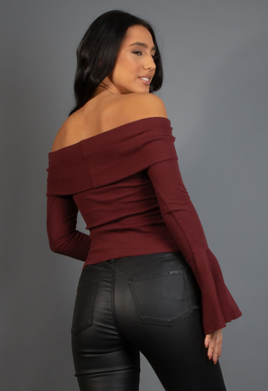 Wine Bardot Flute Sleeve Top