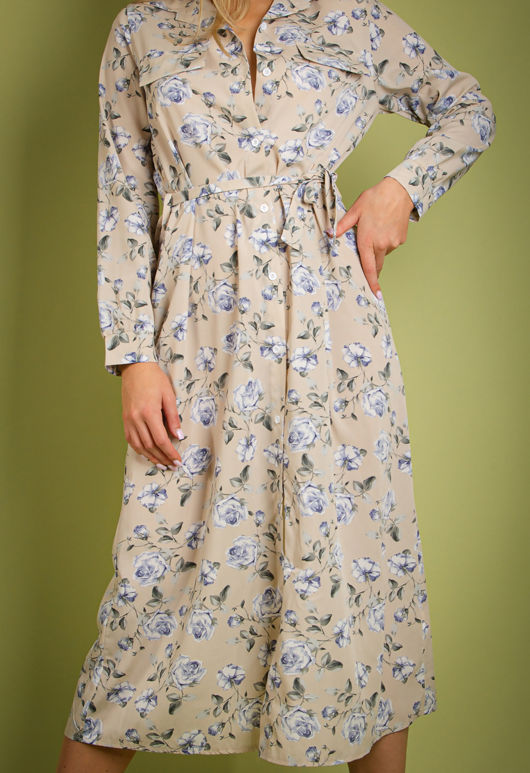 Beige Vintage Floral Print Long Sleeve Shirt Dress