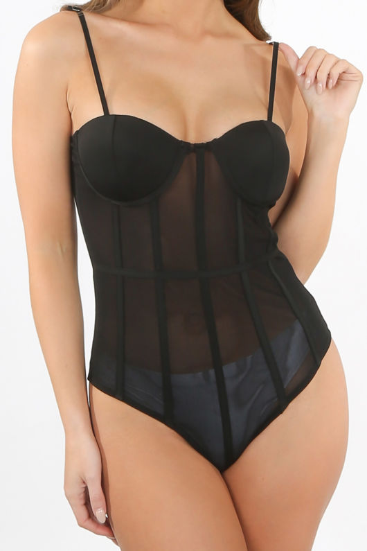 Black Mesh Bustier Bodysuit