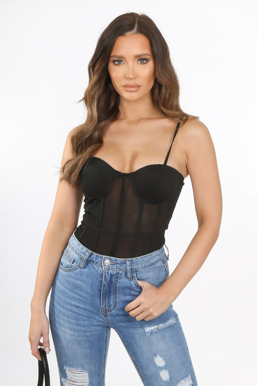 Black Mesh Bustier Bodysuit