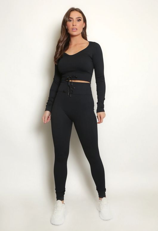 Black Ribbed Low Neck Top & Leggings Co-Ord 