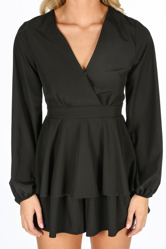 Black Long Sleeve Frill Playsuit 