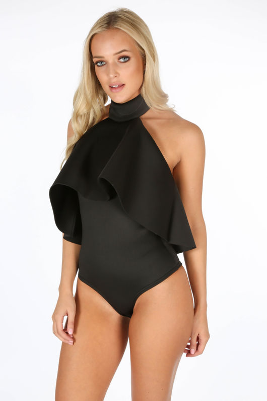 Black Neoprene Frill Halter Neck Bodysuit