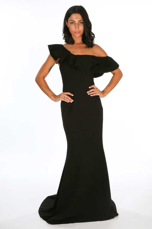 Black One Shoulder Frill Maxi Dress