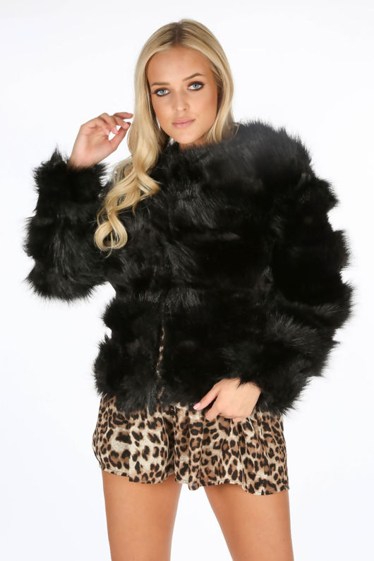 Black Soft Shaggy Faux Fur Coat