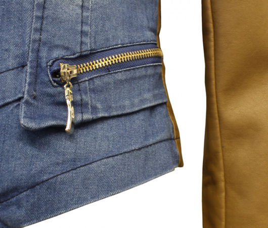 Denim Blue Zipped Pockets Camel PVC Arm Jacket