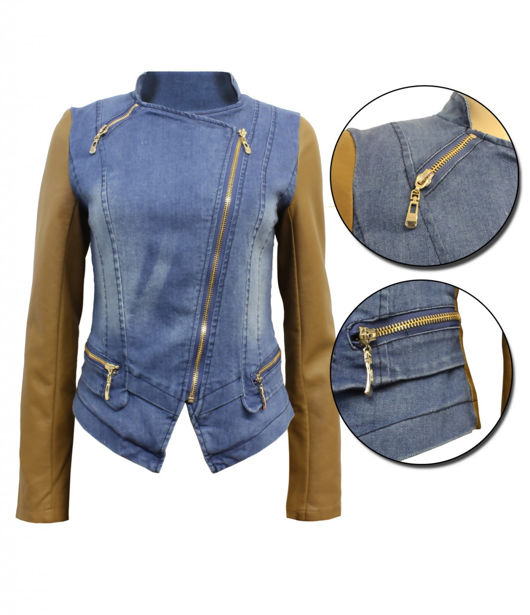 Denim Blue Zipped Pockets Camel PVC Arm Jacket