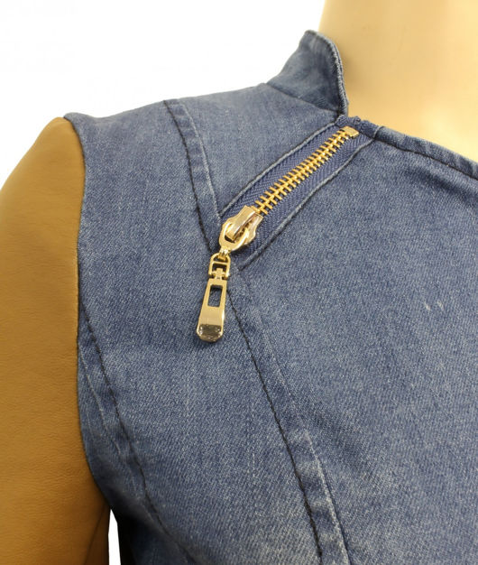 Denim Blue Zipped Pockets Camel PVC Arm Jacket