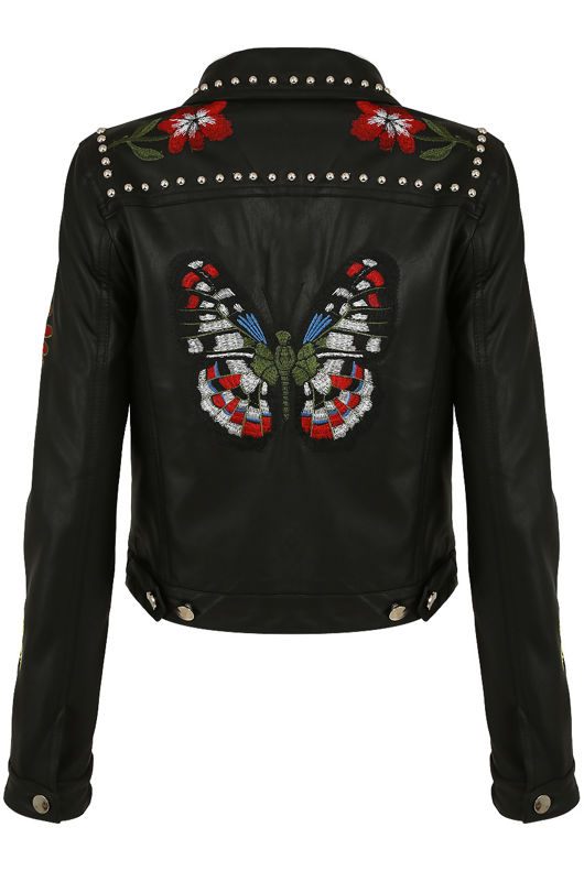 Black PU Embroidered Biker Jacket 