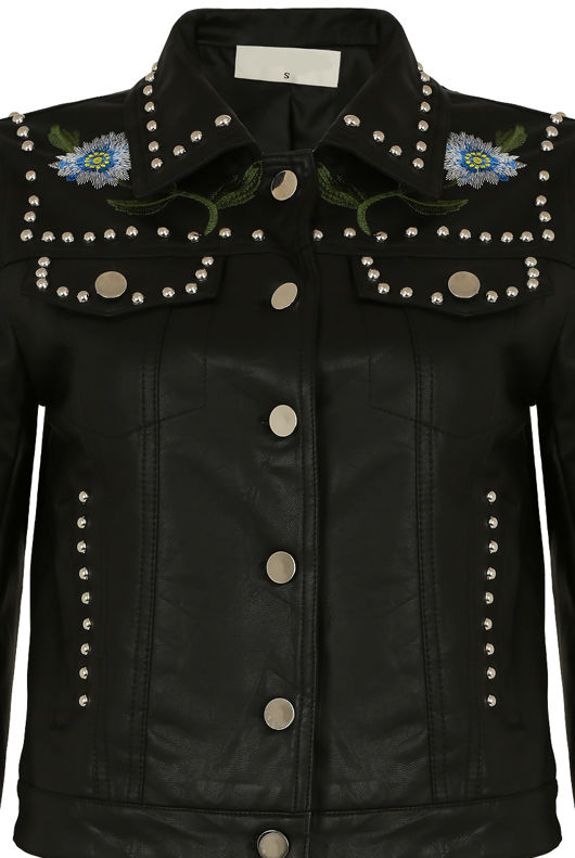 Black PU Embroidered Biker Jacket 