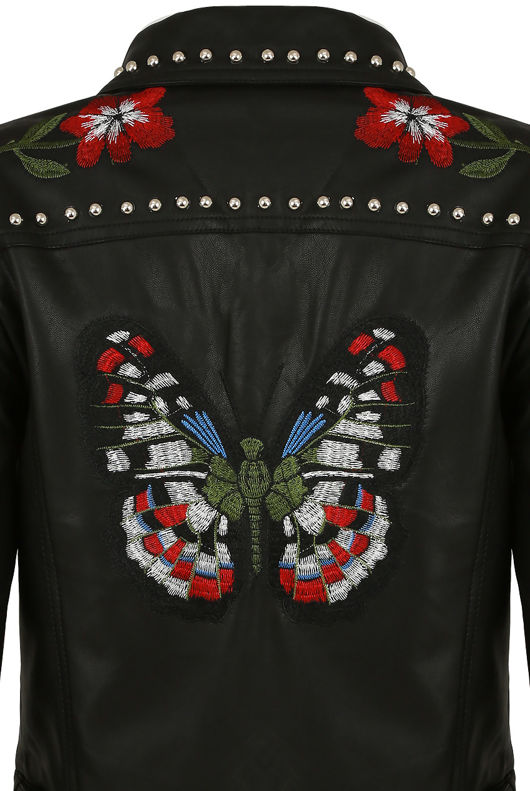Black PU Embroidered Biker Jacket 