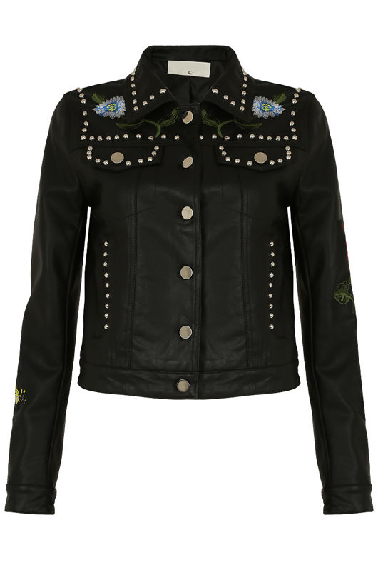 Black PU Embroidered Biker Jacket 