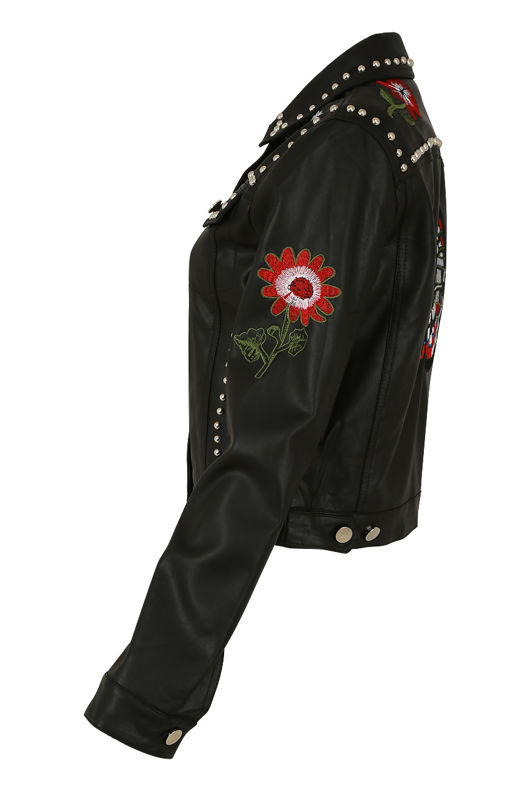 Black PU Embroidered Biker Jacket 