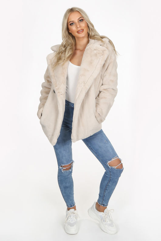 Beige Double Button Faux Fur Jacket