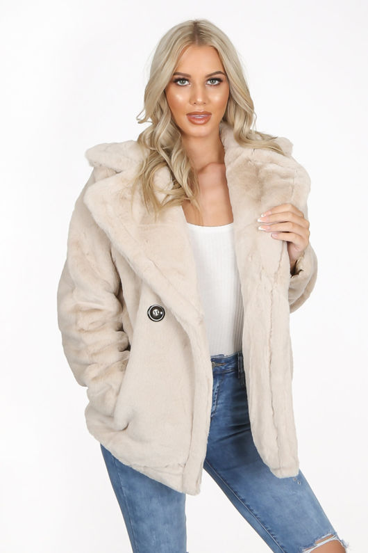 Beige Double Button Faux Fur Jacket