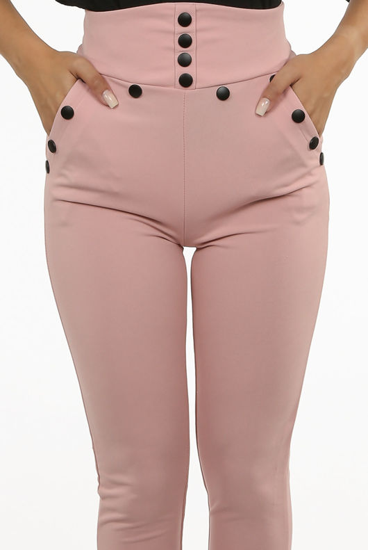 Pink High Waist Button Trim Trousers