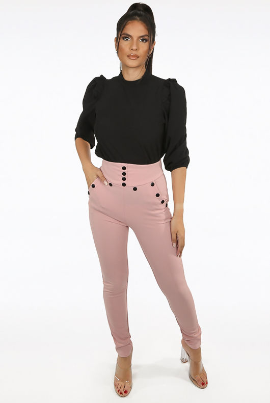 Pink High Waist Button Trim Trousers