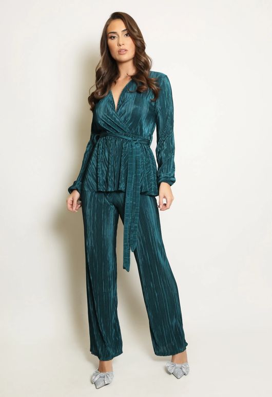 Green Belted Plisse V Neck Blouse And Trouser Set