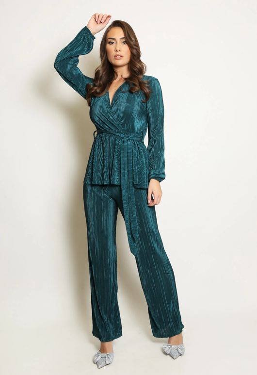 Green Belted Plisse V Neck Blouse And Trouser Set